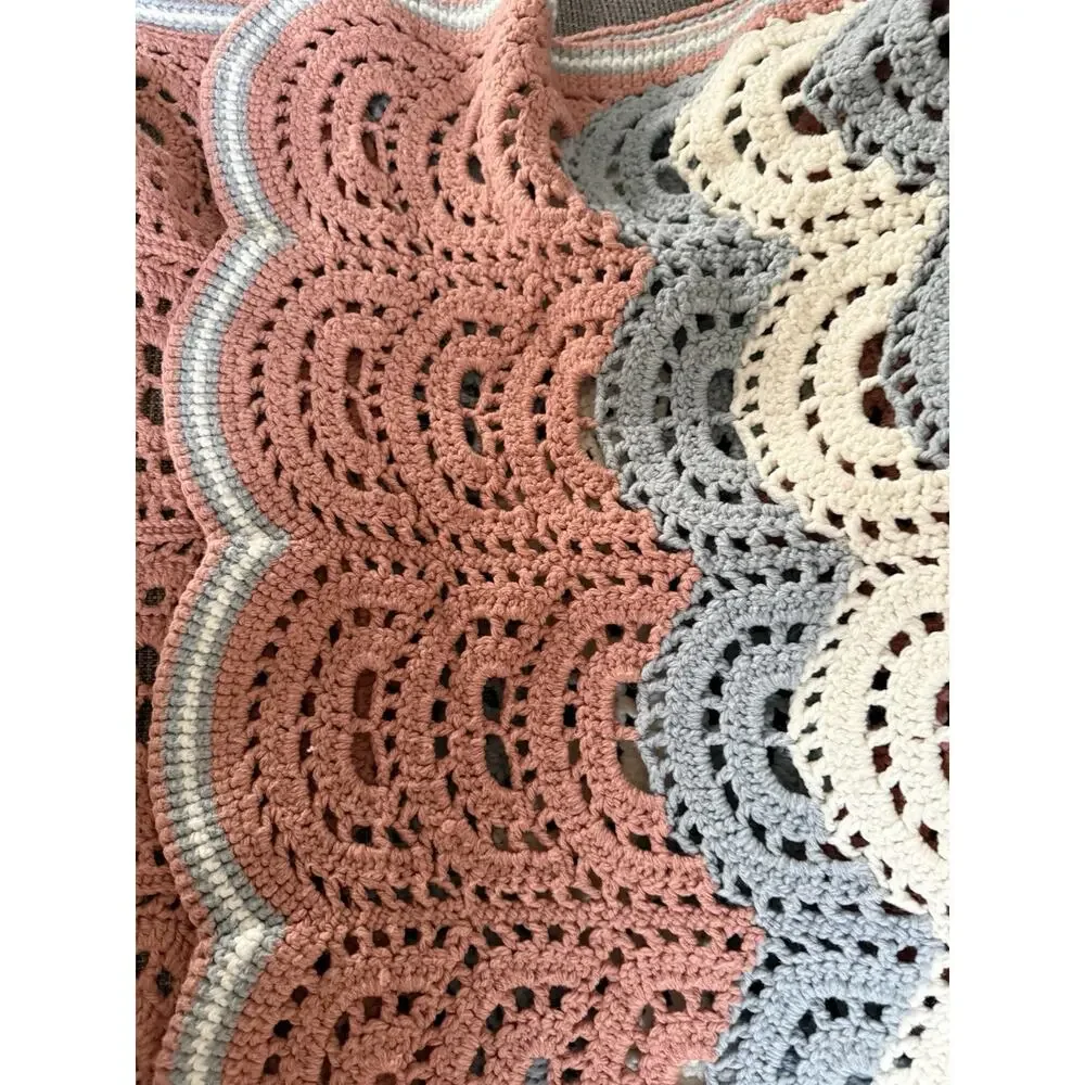 Vintage Handmade Crochet Blanket Afghan Lacy Fan Ripple Pink Grey White 62x72